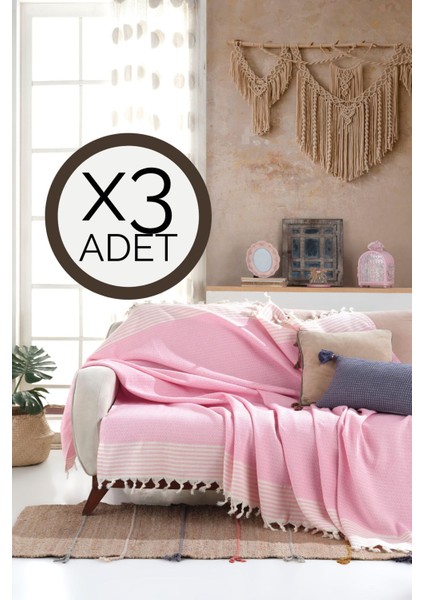 Bergama Pembe 3 Adet Koltuk Örtüsü 180 x 200 cm Koltuk Şalı Kanepe Berjer Örtüsü Pamuklu Throw