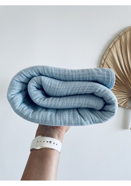 Mavi Müslin 4katlı Örtü 100% Doğal Kumaş - 130X170 cm Bebek Mavisi