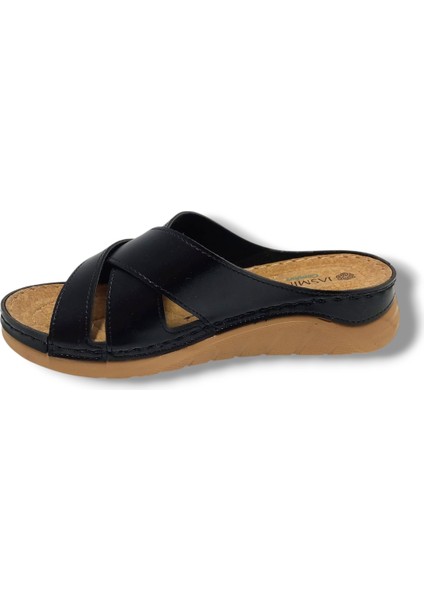 4003-25 Deri Comfort Çapraz 3 Bant Kadın terlik