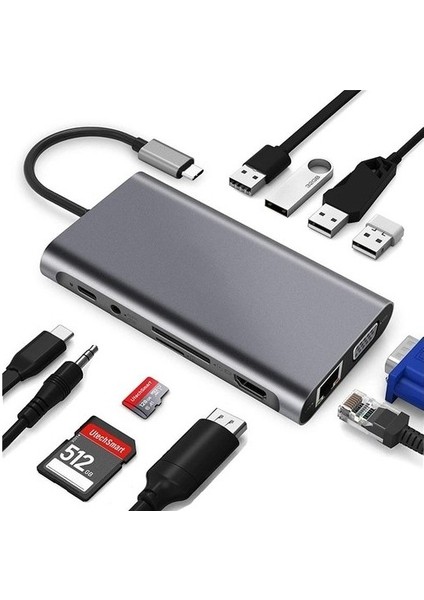 FC09 Macbook Uyumlu Type-C To 4K 1080P Hd HDMI 1000 Mbps Gigabit Ethernet RJ45 Pd Sd Kart 2* USB 3.0 VGA 8ın1 Çevirici Hub Adaptör