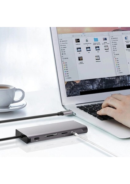 FC09 Macbook Uyumlu Type-C To 4K 1080P Hd HDMI 1000 Mbps Gigabit Ethernet RJ45 Pd Sd Kart 2* USB 3.0 VGA 8ın1 Çevirici Hub Adaptör