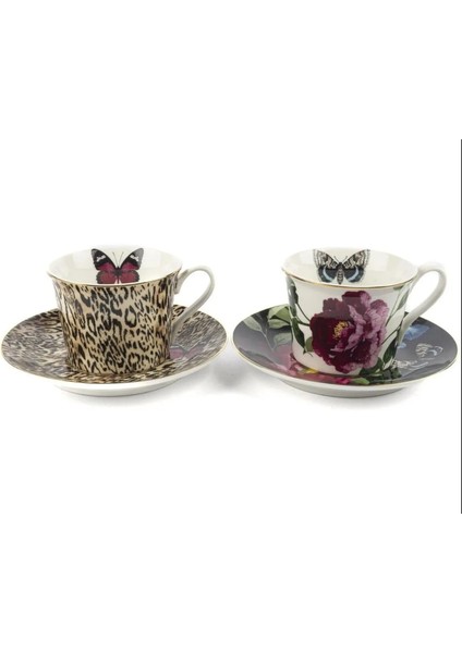 Bianco 2'li Çay Fincan Set Sofra Mutfak Benim Evim Elde Yıkanır Leopar Çiçek Kelebek Gold Yaldız