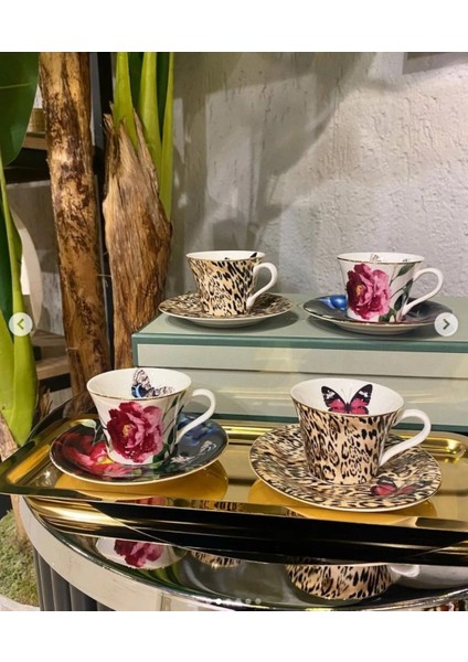Bianco 2'li Çay Fincan Set Sofra Mutfak Benim Evim Elde Yıkanır Leopar Çiçek Kelebek Gold Yaldız