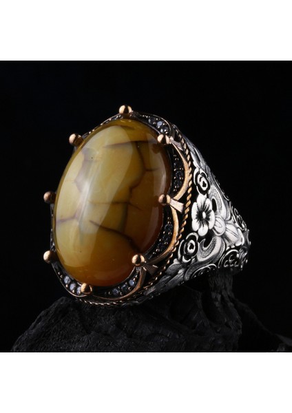 925 Ayar Gümüş Damarlı Sarı Akik Taşlı El Işçiliği Erkek Yüzük