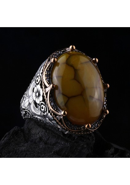 925 Ayar Gümüş Damarlı Sarı Akik Taşlı El Işçiliği Erkek Yüzük fiyatları