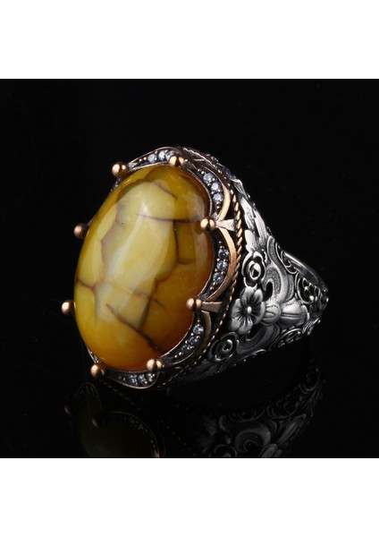 925 Ayar Gümüş Damarlı Sarı Akik Taşlı El Işçiliği Erkek Yüzük modelleri