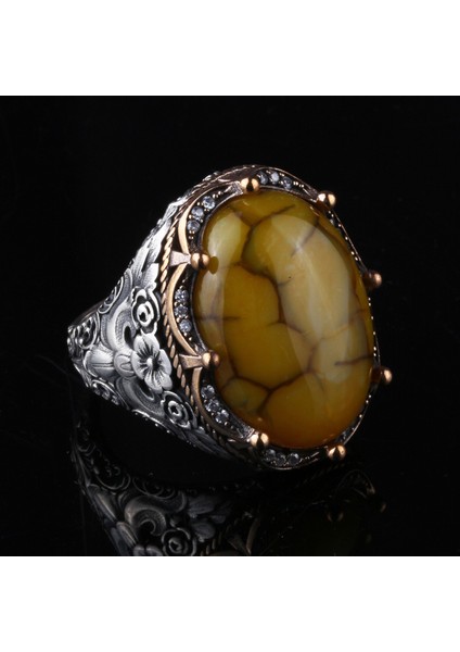 925 Ayar Gümüş Damarlı Sarı Akik Taşlı El Işçiliği Erkek Yüzük fırsatları
