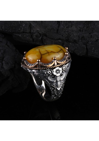 925 Ayar Gümüş Damarlı Sarı Akik Taşlı El Işçiliği Erkek Yüzük indirimleri