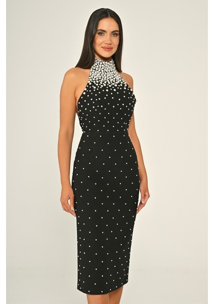 Halter Yaka Boncuklu Krep Midi Abiye Elbise Alfa Beta