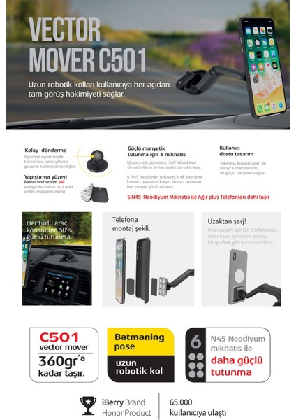 Vector Mover C501 Vantuzlu Manyetik Araç Içi Telefon Tutucu