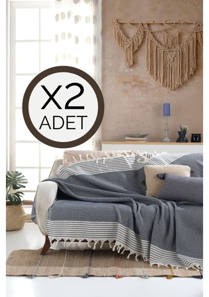 Bergama Indigo 2 Adet Koltuk Örtüsü 180 x 200 cm Koltuk Şalı Kanepe Berjer Örtüsü Pamuklu