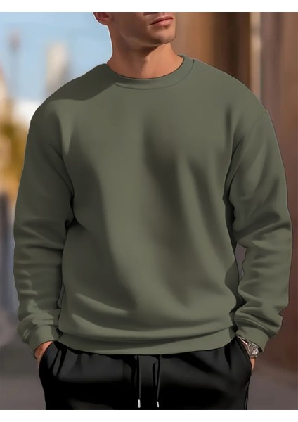 Erkek Haki Oversize Bisiklet Yaka Sweatshirt