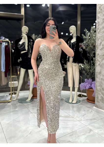 Agnes Kalp Yaka Önden Yırtmaçlı Midi Boy Elbise Bej