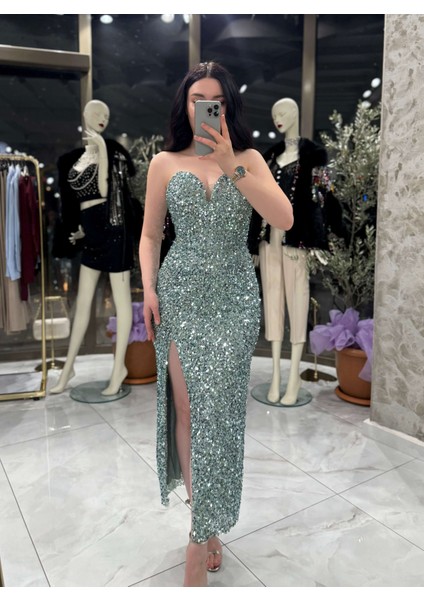 Agnes Kalp Yaka Önden Yırtmaçlı Midi Boy Elbise Su Yeşili