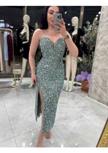 Agnes Kalp Yaka Önden Yırtmaçlı Midi Boy Elbise Su Yeşili