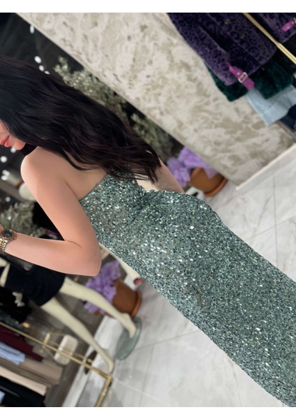 Agnes Kalp Yaka Önden Yırtmaçlı Midi Boy Elbise Su Yeşili