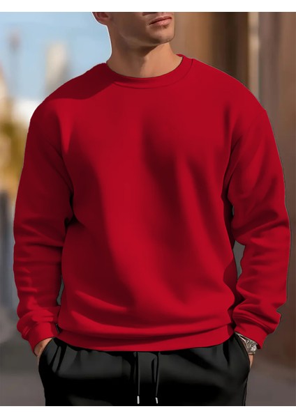 Erkek Kırmızı Oversize Bisiklet Yaka Sweatshirt