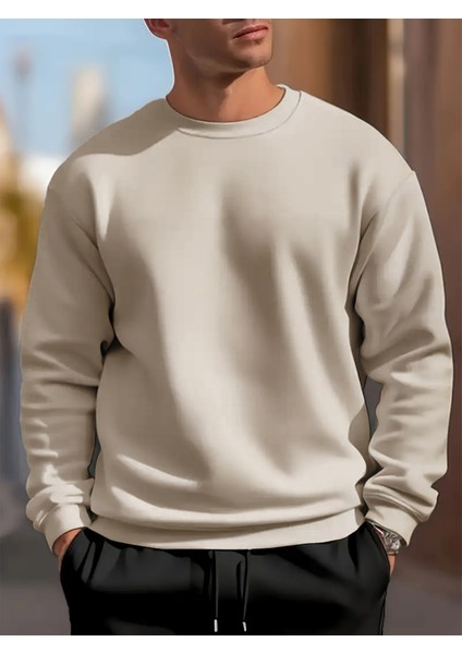 Erkek Bej Oversize Bisiklet Yaka Sweatshirt