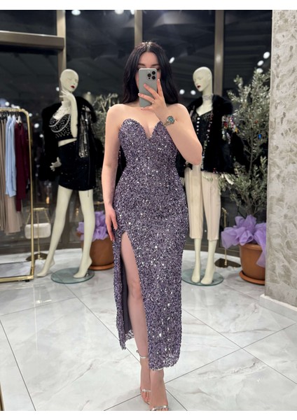 Agnes Kalp Yaka Önden Yırtmaçlı Midi Boy Elbise Lila