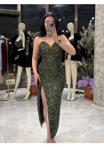 Agnes Kalp Yaka Önden Yırtmaçlı Midi Boy Elbise Haki