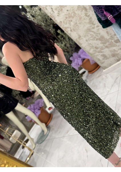 Agnes Kalp Yaka Önden Yırtmaçlı Midi Boy Elbise Haki fiyatları