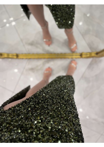 Agnes Kalp Yaka Önden Yırtmaçlı Midi Boy Elbise Haki modelleri