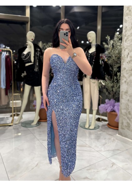 Agnes Kalp Yaka Önden Yırtmaçlı Midi Boy Elbise Bebe Mavi