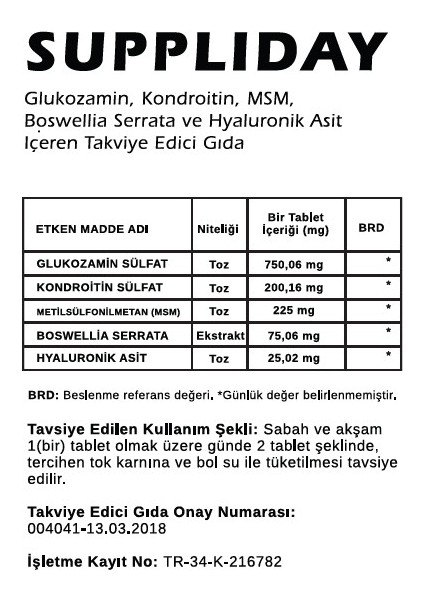 60 Tablet Glukozamin Kondroitin Msm Hyaluronik Asit İçeren Takviye Edici Gıda fiyatları