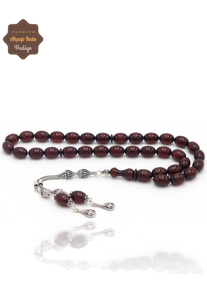 Bordo Arpa Kesim Fırınlanmış Gümüş Püsküllü Sıkma Kehribar Tesbih 201023887