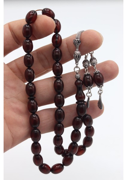 Bordo Arpa Kesim Fırınlanmış Gümüş Püsküllü Sıkma Kehribar Tesbih 201023887