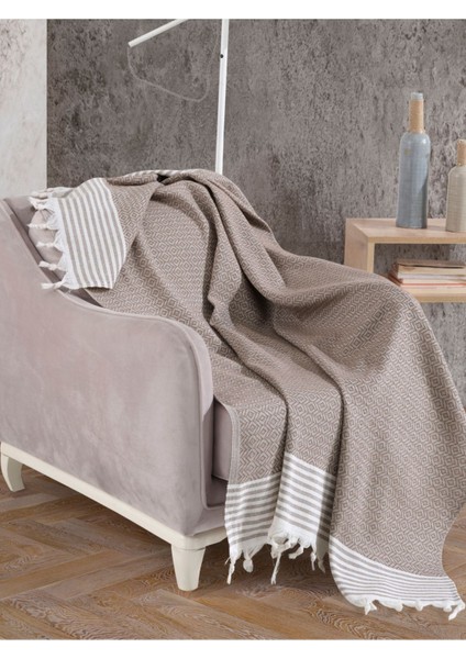 Bergama Sütlü Kahve Tekli Koltuk Berjer Örtüsü 150 x 180 cm Kanepe Divan Çekyat Örtüsü Püsküllü