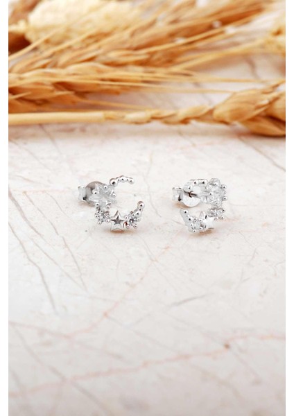 Taşlı Ay Yıldız Rodyumlu Mini Gümüş Küpe 7354