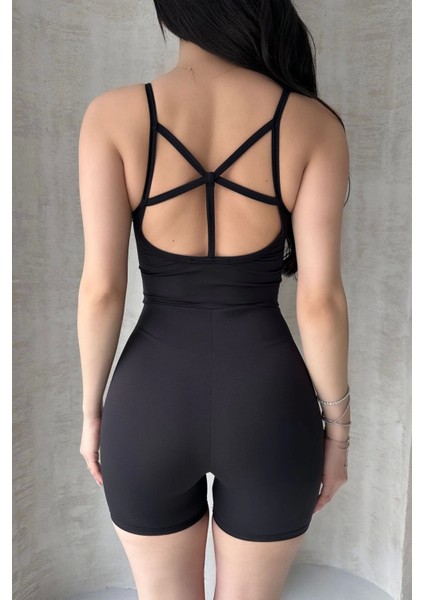 Kadın Siyah Sırt Dekolteli Çapraz Bant Askılı Dar Kesim Toparlayıcı Yoga Pilates Tayt Spor Tulum fırsatları