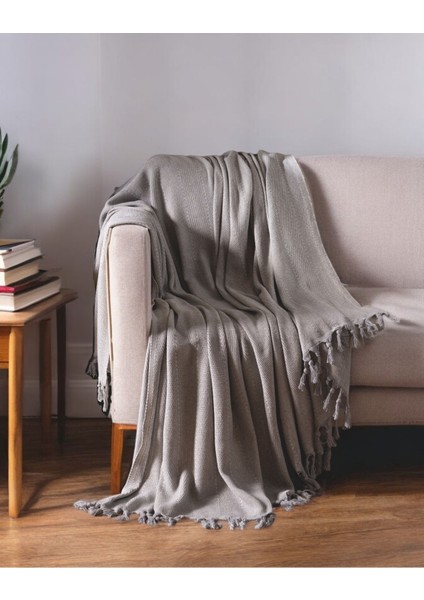 Lina Gri Koltuk Örtüsü 170 x 210 cm Kanepe Çekyat Divan Örtüsü Pamuklu Püsküllü