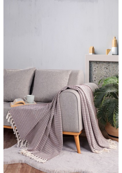 Pamuklu Vanes Ekru Bordo Koltuk Şalı - 130X170 cm