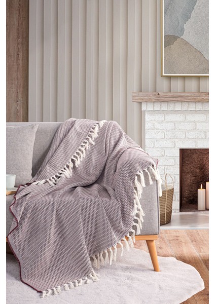 Pamuklu Vanes Ekru Bordo Koltuk Şalı - 130X170 cm fiyatları