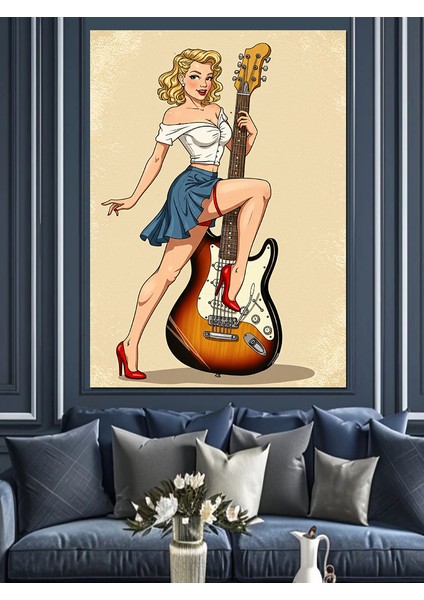 Retro Kadın ve Gitar Dekoratif Kanvas - Mdf Ahşap Tablo