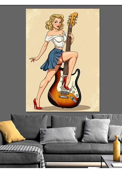 Retro Kadın ve Gitar Dekoratif Kanvas - Mdf Ahşap Tablo