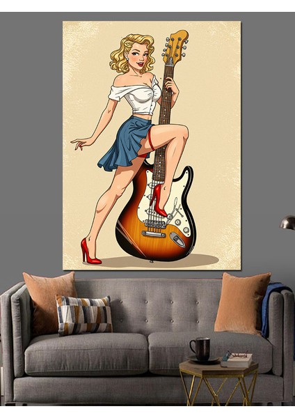 Retro Kadın ve Gitar Dekoratif Kanvas - Mdf Ahşap Tablo