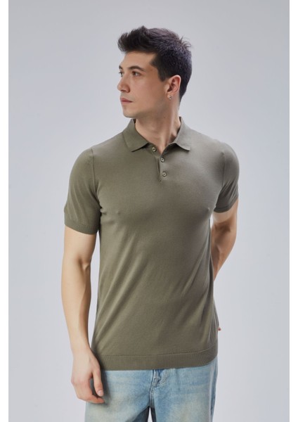 Erkek Haki %100 Pamuk Polo Yaka Kısa Kollu Triko Kazak TRIST-7107