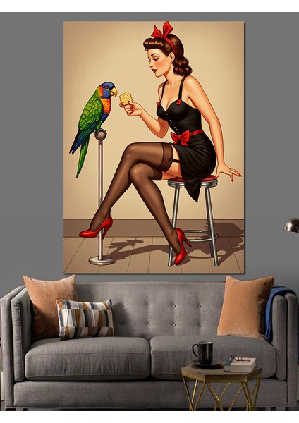 Papağanlı Pin-Up Kadın Dekoratif Kanvas - Mdf Ahşap Tablo
