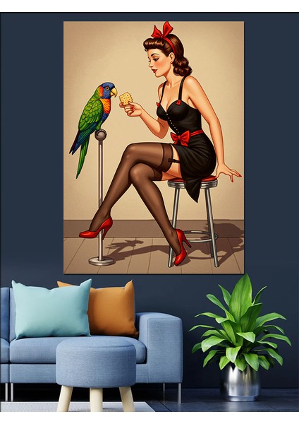 Papağanlı Pin-Up Kadın Dekoratif Kanvas - Mdf Ahşap Tablo