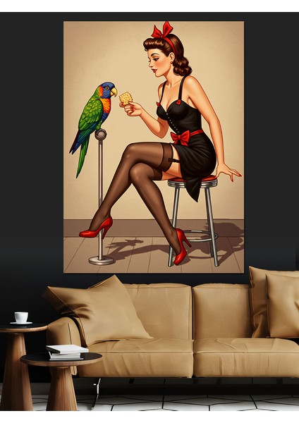 Papağanlı Pin-Up Kadın Dekoratif Kanvas - Mdf Ahşap Tablo