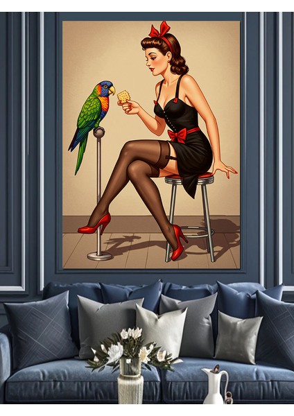 Papağanlı Pin-Up Kadın Dekoratif Kanvas - Mdf Ahşap Tablo