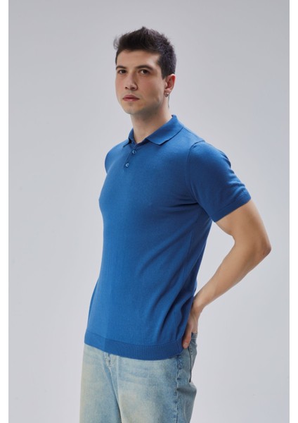 Erkek Indigo %100 Pamuk Polo Yaka Kısa Kollu Triko Kazak TRIST-7107