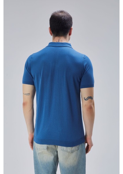 Erkek Indigo %100 Pamuk Polo Yaka Kısa Kollu Triko Kazak TRIST-7107