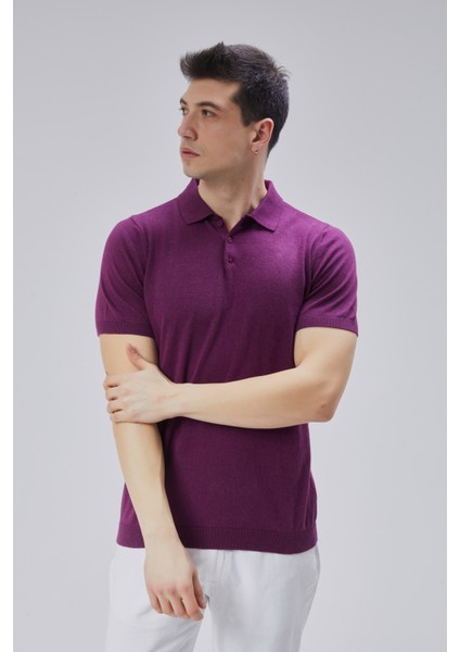 Erkek Mürdüm %100 Pamuk Polo Yaka Kısa Kollu Triko Kazak TRIST-7107