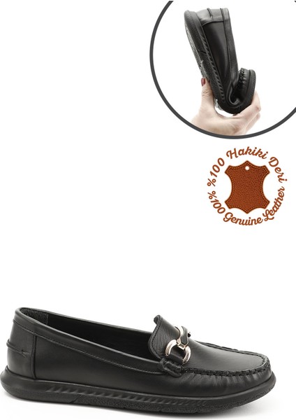 Kadın Siyah Tokalı Rok Hakiki Deri Comfort Loafer