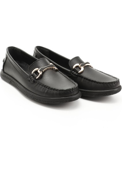 Kadın Siyah Tokalı Rok Hakiki Deri Comfort Loafer