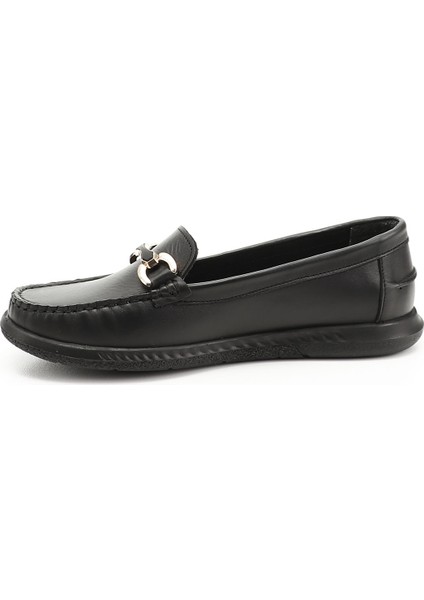Kadın Siyah Tokalı Rok Hakiki Deri Comfort Loafer